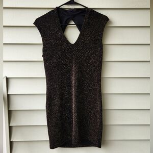 Le chateau v neck open back black night mini dress golden sparkles festive dress